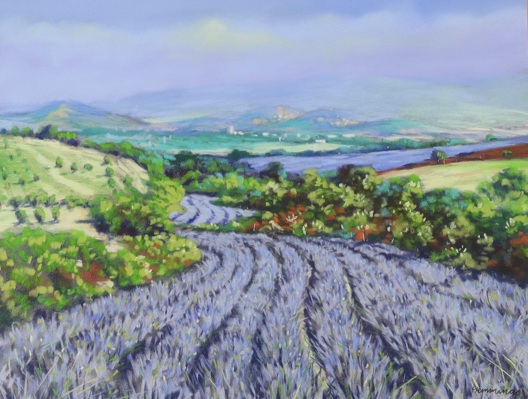 Terence Hemmings (contemporary), pastel, 'Lavender fields of Tuscany', signed, details verso, 47 x 63cm